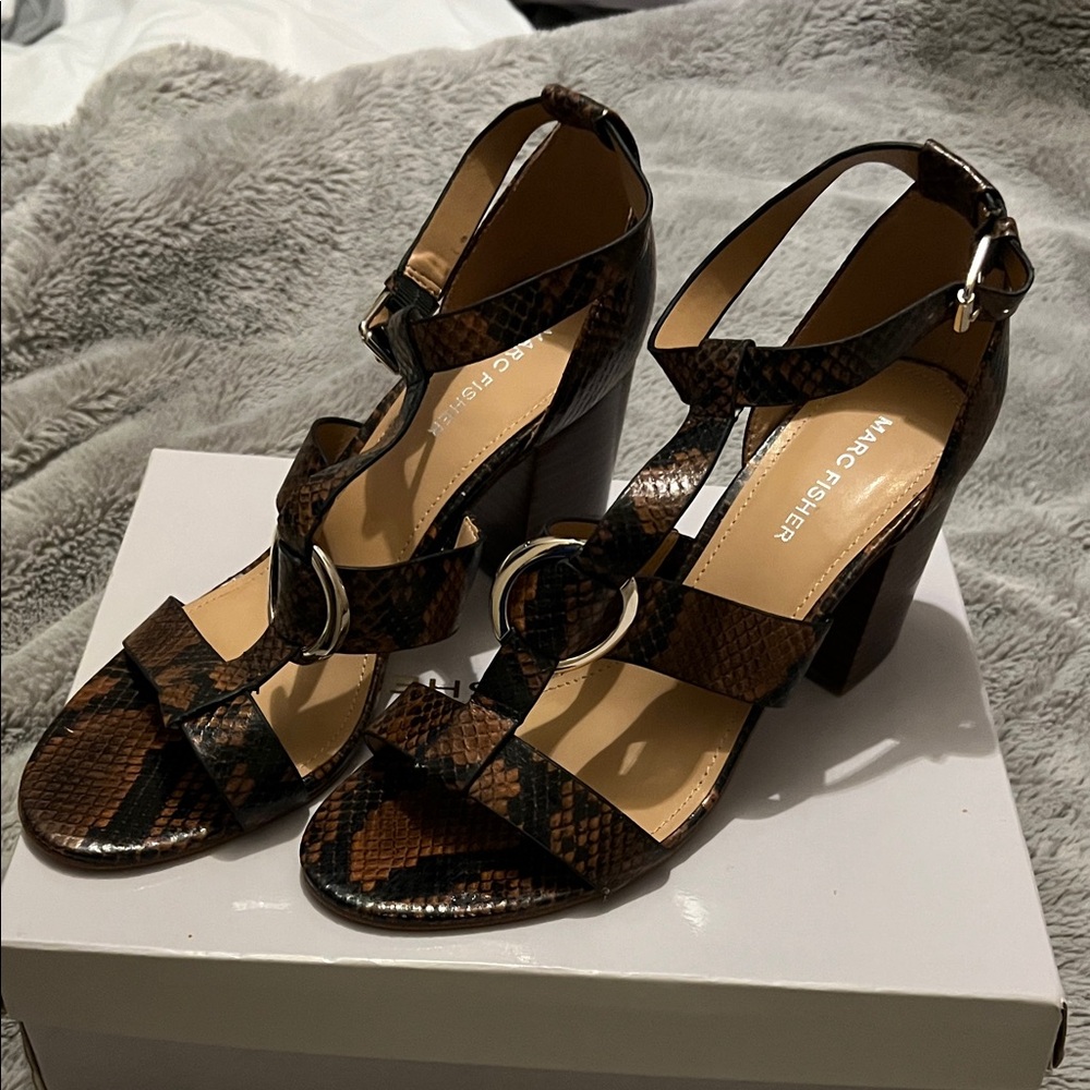 Marc Fisher Dark Brown Snake Print Heels